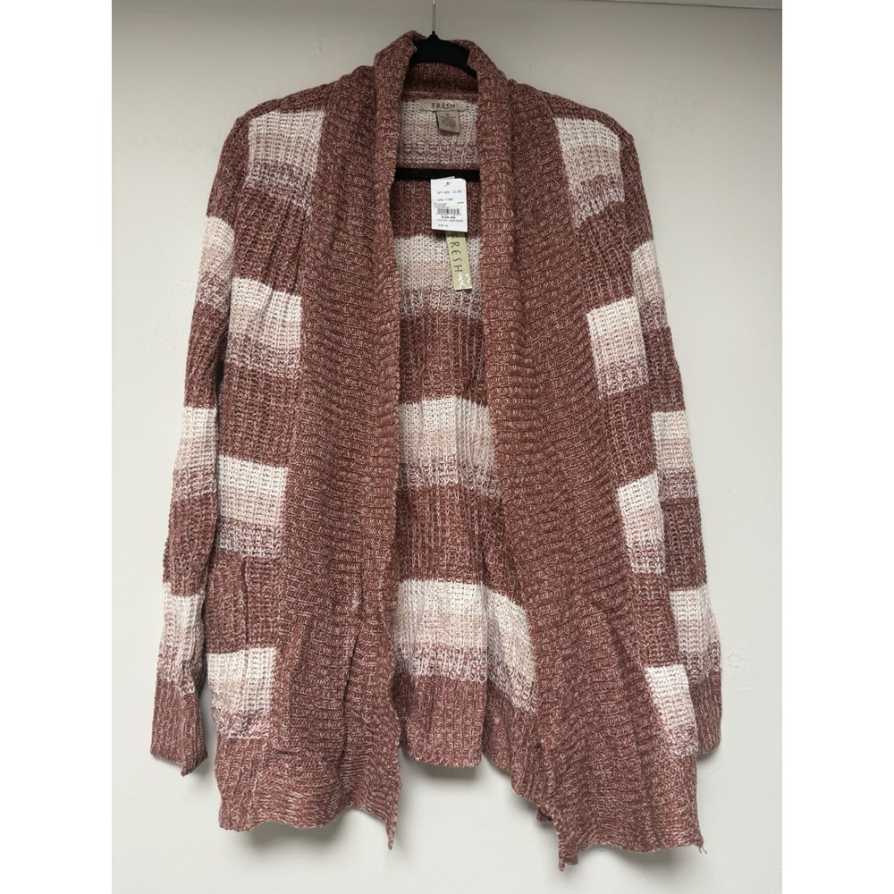 FRESH Striped Open Front Cardigan Sweater Knit XL Pink White Cozy‎ granola